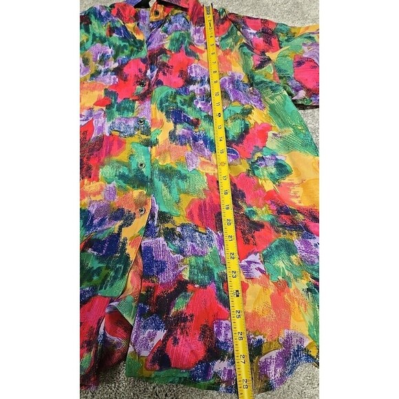 Basic Editions 100% SILK Watercolor Button Up Long Sleeve Top Retro Women’s Sz L - Picture 6 of 7